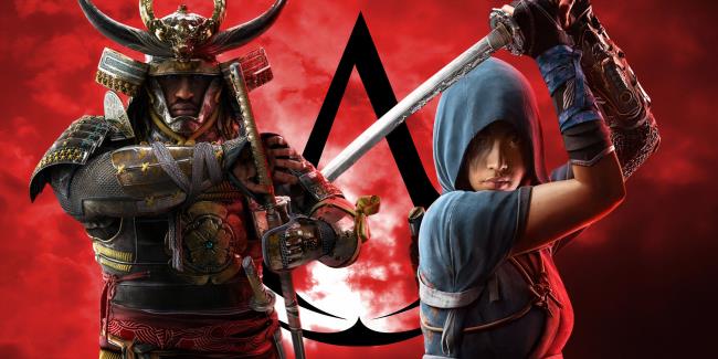 Yasuke and Naoe in front of Assassin's Creed logo