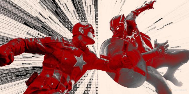 Black Panther and Captain America clashing with a comic book style overlay, colouring them in red and grey