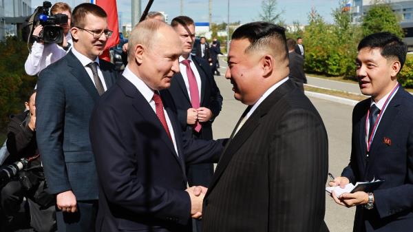 Russian President Vladimir Putin, left, and North Korea's leader Kim Jong Un shake hands during their meeting at the Vostochny cosmodrome outside the city of Tsiolkovsky, a<em></em>bout 200 kilometers (125 miles) from the city of Blagoveshchensk in the far eastern Amur region, Russia, on Wednesday, Sept. 13, 2023.