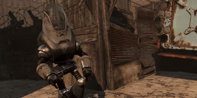 A Protectron in the Fallout Lo<em></em>ndon fan game. Unlike the Protectrons in Fallout 4, he has a little mustache painted o<em></em>nto his 