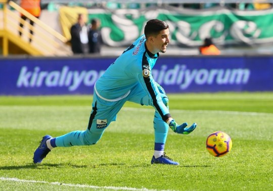 Altay Bayindir of MKE Ankaragucu in action during Turkish Super Lig soccer match between Akhisarspor and MKE Ankaragucu at the Spor Toto Akhisar Stadium Stadium in Manisa, Turkey.