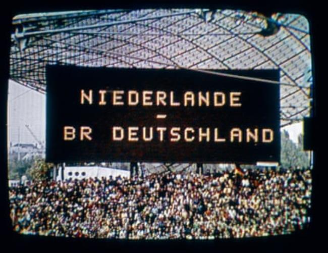 The scoreboard showing the Netherlands v the hosts West Germany at Munich’s Olympic Stadium.