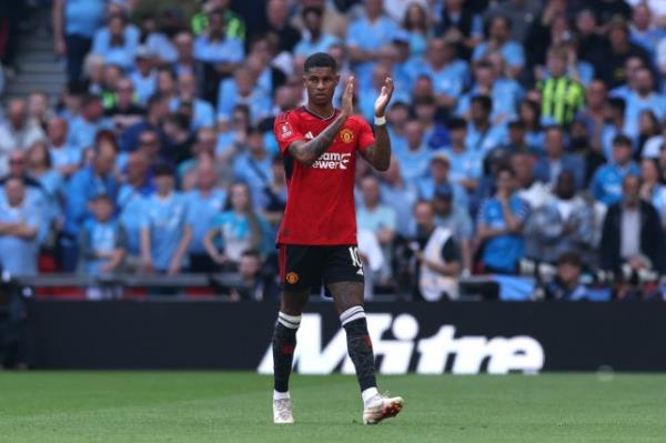 Marcus Rashford applauds the fans after he is substituted during the Emirates FA Cup Final match between Manchester City and Manchester United