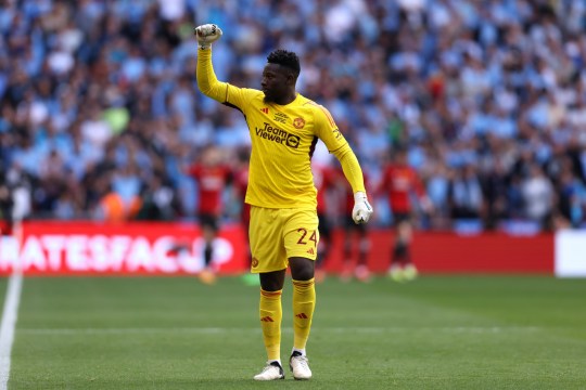 Andre o<em></em>nana of Manchester United celebrates after Kobbie Mainoo's goal in the FA Cup final