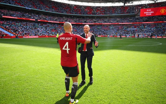 Manchester United midfielder Sofyan Amrabat and Erik ten Hag