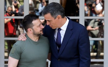 Volodymyr Zelensky is welcomed by prime minister Pedro Sanchez upon his arrival at La Mo<em></em>ncloa Palace in Madrid 