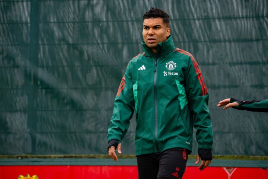 Casemiro looks on in Man Utd training