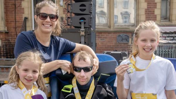 Rob Burrow with his wife Lindsey Burrow and their daughters, Maya, left, and Macy