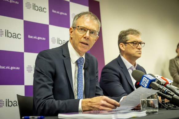 IBAC acting commissio<em></em>ner Stephen Farrow and deputy commissio<em></em>ner David Wolf after Operation Sandon was tabled to parliament in July.