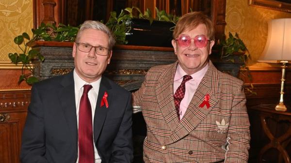 LONDON, ENGLAND - NOVEMBER 29: Sir Keir Starmer, Leader of The Labour Party, and Sir Elton John attend a reception ho<em></em>nouring Sir Elton John hosted by the All Party Parliamentary Group on HIV/AIDS at Speakers House in recognition of his enduring commitment to ending the AIDS epidemic, both perso<em></em>nally and through the work of the Elton John AIDS Foundation, on November 29, 2023 in London, England. ..Photo by Dave Benett                                            