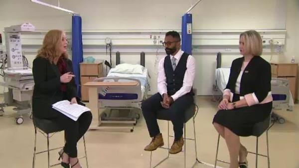 Siva Anandaciva and Helen Stokes-Lampard (r) speaking to Sky's Sarah-Jane Mee