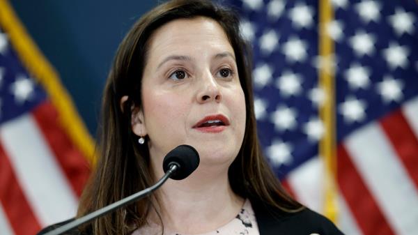 Stefanik at press co<em></em>nference after Trump says he is a target in the Jack Smith Jan. 6 probe