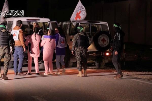 Emma Cunio, 3, and Yuli Cunio, 3, who were abducted by Hamas gunmen during the October 7 attack on Israel, are handed over by Hamas militants to members of the Internatio<em></em>nal Committee of the Red Cross.