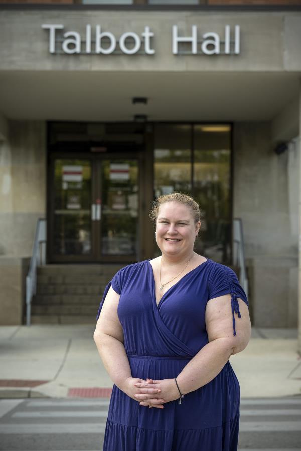 Dr. Julie Teater, Addiction Medicine Physician, stands outside Talbot Hall