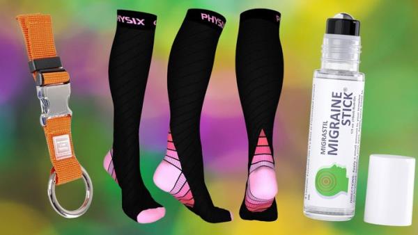 A luggage strap, compression socks and a roll-on migraine stick