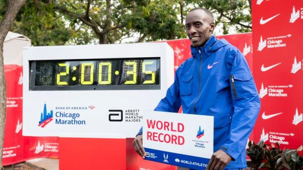 Oct 8, 2023; Chicago, IL, USA; Kelvin Kiptum (KEN) celebrates after finishing in a world record time of 2:00:35 to win the Chicago Marathon at Grant Park. Mandatory Credit: Patrick Gorski-USA TODAY Sports