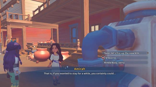 Player character being invited by Amirah to make some pottery with them and the player can decide between three options including a romantic one in My Time At Sandrock.