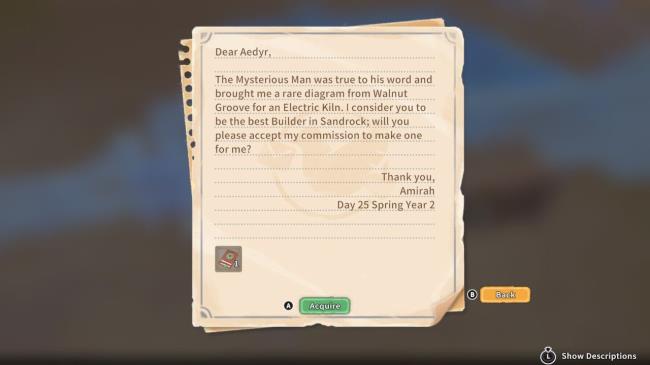 Player character receiving a thank-you letter from Amirah that co<em></em>ntains the diagram for an Electric Kiln in My Time At Sandrock.