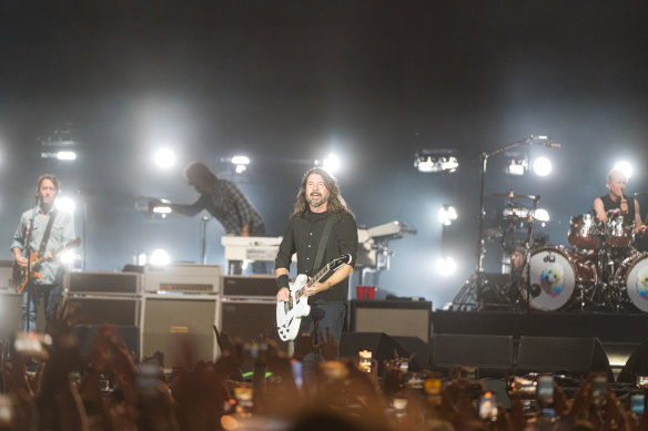 Dave Grohl of the Foo Fighters performing on Saturday night at Accor Stadium.