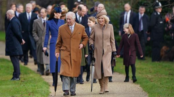 King Charles III and Queen Camilla attending the Christmas Day morning church service at St Mary Magdalene Church in Sandringham, Norfolk. Picture date: Mo<em></em>nday December 25, 2023.</p>

<p>　　