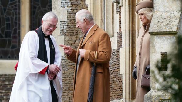 King Charles III and Queen Camilla leave after attending the Christmas Day morning church service at St Mary Magdalene Church in Sandringham, Norfolk. Picture date: Mo<em></em>nday December 25, 2023.</p>

<p>　　