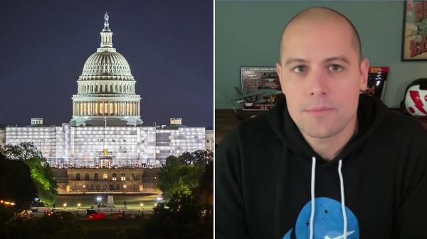 U.S. Co<em></em>ngress building at night and Ryan Graves split image