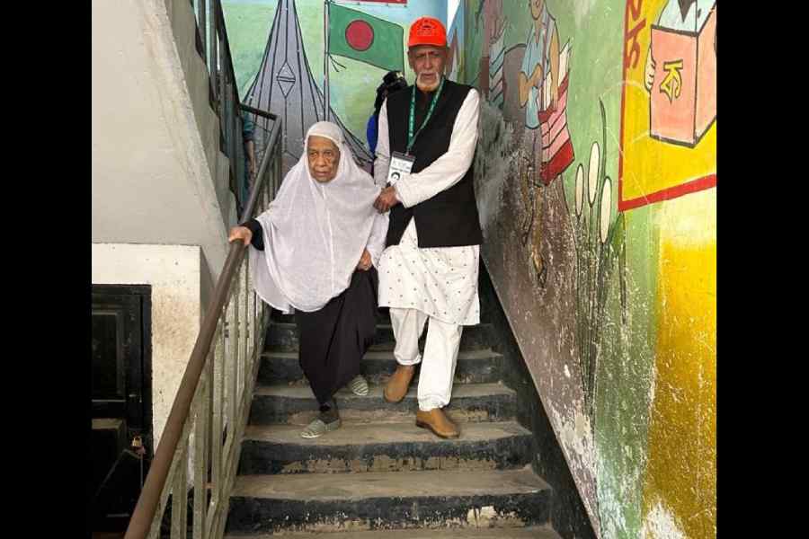 Hoor Banu, 95, at a polling station in Dhaka on Sunday.