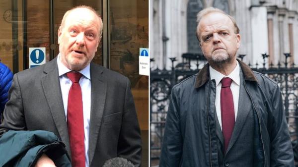 Alan Bates (centre) speaking outside the High Court in 2019 and Toby Jo<em></em>nes as Alan Bates in the ITV series Mr Bates