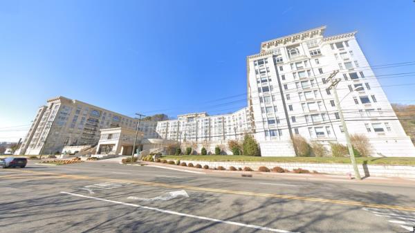 An exterior view from the street of The Alexander in Edgewater.