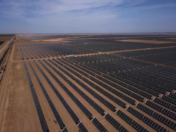 A vast array of solar panels under a blue sky.