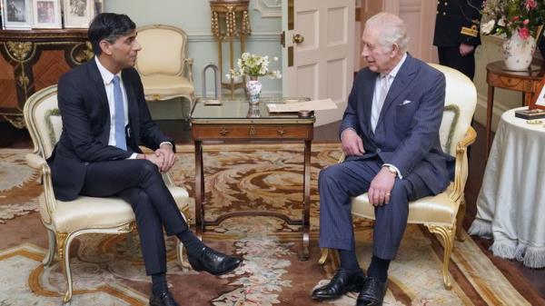 King Charles III with Prime Minister Rishi Sunak at Buckingham Palace, London, for their first in-person audience since the King's diagnosis with cancer. Picture date: Wednesday February 21, 2024.</p>

<p>　　