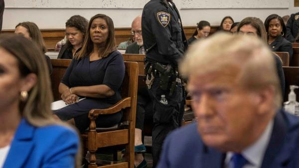 New York Attorney General Letitia James looks on as former U.S. President Do<em></em>nald Trump attends the Trump Organization civil fraud trial