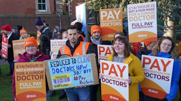 File photo dated 11/04/23 of striking NHS junior doctors on the picket line outside Leicester Royal Infirmary. Strikes by junior doctors in England are going to put the NHS 