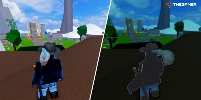 Roblox Blox Fruits, Right: a character using observation haki, Left: a character on upper skylands