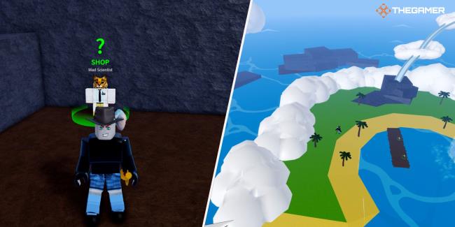 Roblox Blox Fruits, Right: the first island in Skylands. Left: Mad Scientist behind a character