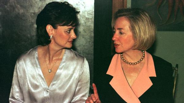 Cherie Blair (L) and Hillary Clinton talk at a dinner attended by leaders wives at the Left Bank restaurant, Birmingham May 15. [Leaders of the Group of Eight are attending a working dinner to<em></em>night hosted by British Prime minister Blair at the Birmingham Museum and Art Gallery.]