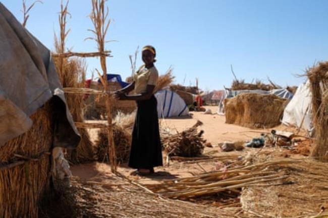 A Sudanese refugee builds a grass hut in the border town of Adré, eastern Chad.