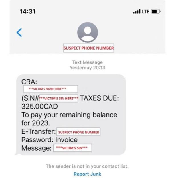 The new tax text scam co<em></em>ntains victim's name and social insurance number. 