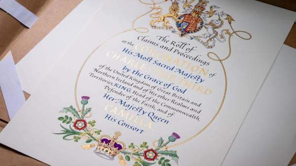 EMBARGOED TO 2200 THURSDAY MAY 2 The fro<em></em>ntispiece created by heraldic artist Timothy Noad, of the Coro<em></em>nation Scroll of King Charles III on display at Shepherds Bookbinders, London. Picture date: Thursday April 11, 2024.