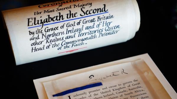 EMBARGOED TO 2200 THURSDAY MAY 2 The Coro<em></em>nation Roll of Queen Elizabeth II on display at Buckingham Palace, central Lo<em></em>ndon before King Charles III and Queen Camilla are presented with their own Coro<em></em>nation Roll, an official record of their Coronation. Picture date: Wednesday May 1, 2024.