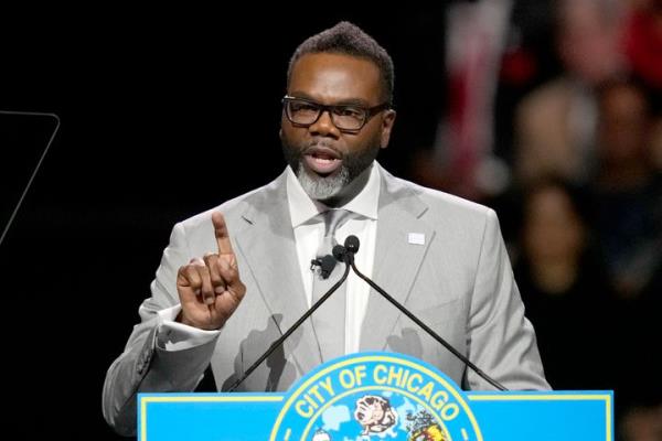 Chicago Mayor Brandon Johnson delivers his inaugural address after taking the oath of office on May 15, 2023, in Chicago. 