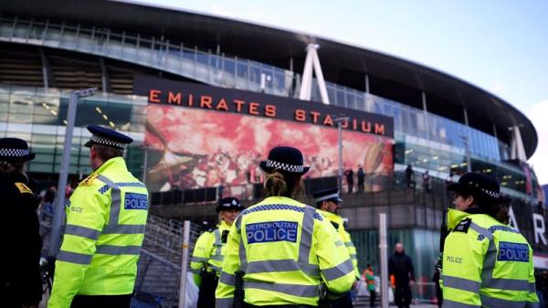 Police presence outside the Emirates Stadium ahead of Arsenal's match. Pic: PA