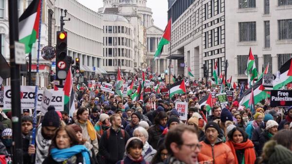 Protesters during a Natio<em></em>nal March for Palestine in central London. Picture date: Saturday January 13, 2024.