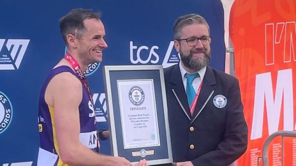 Stroke survivor Anthony Bryan, 34, from north Lo<em></em>ndon after he finished the TCS Lo<em></em>ndon Marathon. Pic: PA 