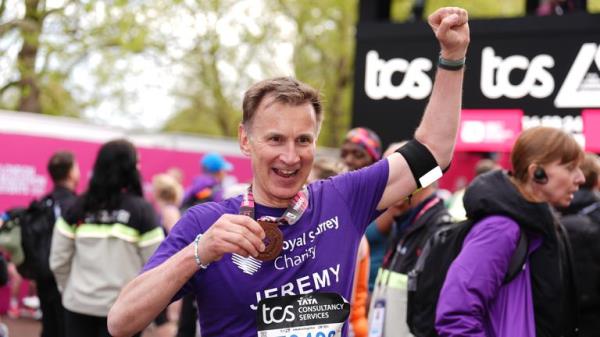 Jeremy Hunt after finishing the TCS Lo<em></em>ndon Marathon. Picture date: Sunday April 21, 2024. Pic: PA 