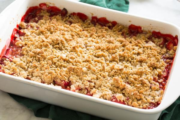 Strawberry rhubarb crisp shown after baking.