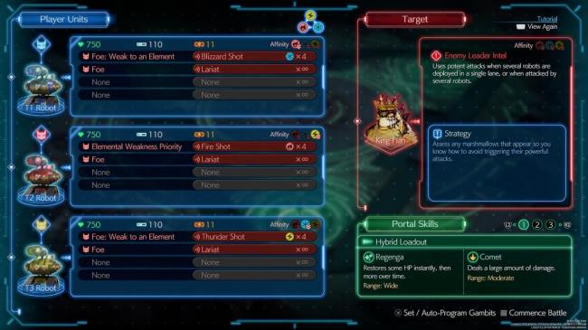 The Gears and Gambits menu showing all Robot units, the target, and current Portal Skills in Final Fantasy 7 Rebirth.