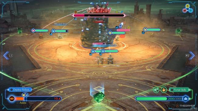 Robots attacking the boss and enemies in other lanes in Gears and Gambits in Final Fantasy 7 Rebirth 