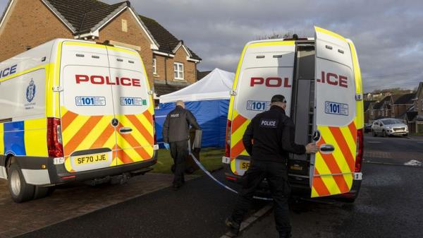 Officers from Police Scotland outside the home of former chief executive of the Scottish Natio<em></em>nal Party (SNP) Peter Murrell, in Uddingston, Glasgow, after he was 