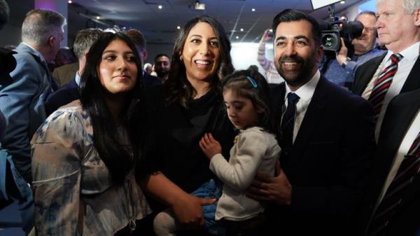 Humza Yousaf with his wife Nadia El-Nakla and family at Murrayfield Stadium in Edinburgh, after it was announced that he is the new Scottish Natio<em></em>nal Party leader, and will become the next First Minister of Scotland. Picture date: Mo<em></em>nday March 27, 2023.